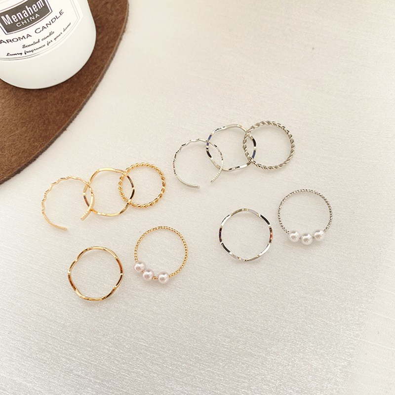 5pcs / set Cincin Geometris Adjustable Bahan Metal Hias Mutiara Untuk Wanita