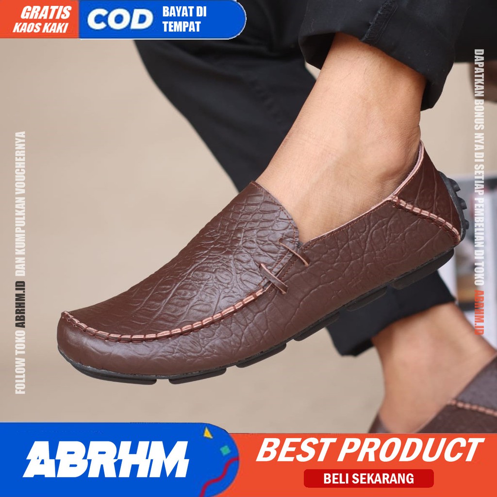 ABRHM x MOCLAY Sepatu Slip On Casual Pria Sepatu Slop Cowok Mocasin Anti slip Kulit Asli Sepatu kerja Pantofel Semi formal Keren Kekinian Original