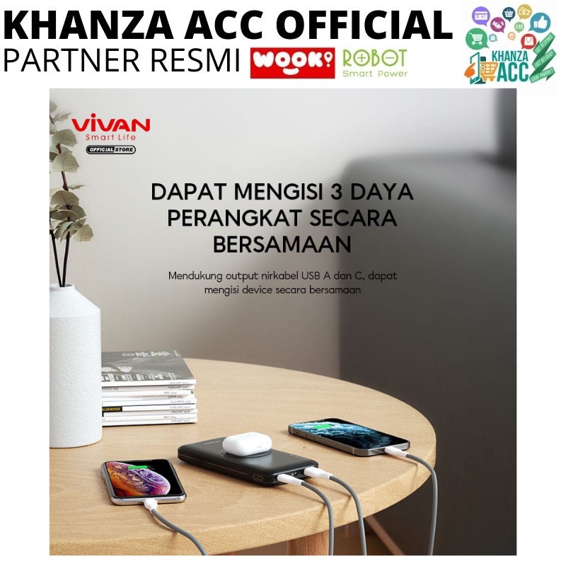 KHANZAACC VIVAN VPB-W11 Powerbank 10000mAh Wireless 3 Output Fast Charging 18W