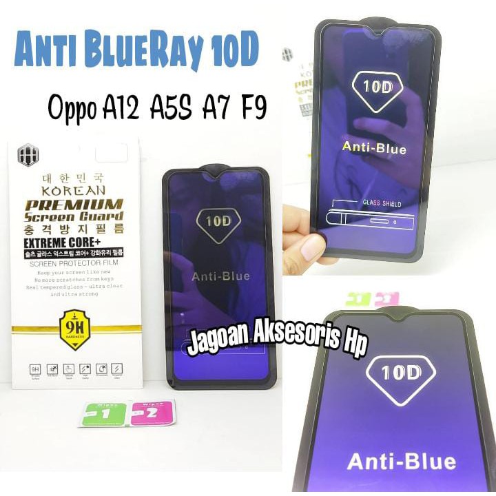 KOREAN Blue Ray 10D Oppo A12 A5S F9 A7 6.22 inchi Tempered Glass FULL GLUE ANTI RADIASI