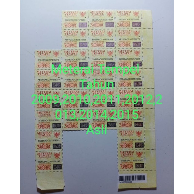 

Meterai 3000 Tahun 2009,2010,2011,2012,2013,2014,2015 Asli (S138)