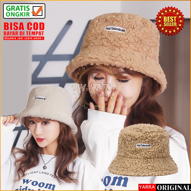Bucket Hat Pria Wanita Korea Motif HaiTalentoM Bahan Kain Wol Bulu Domba kualitas Import TBA