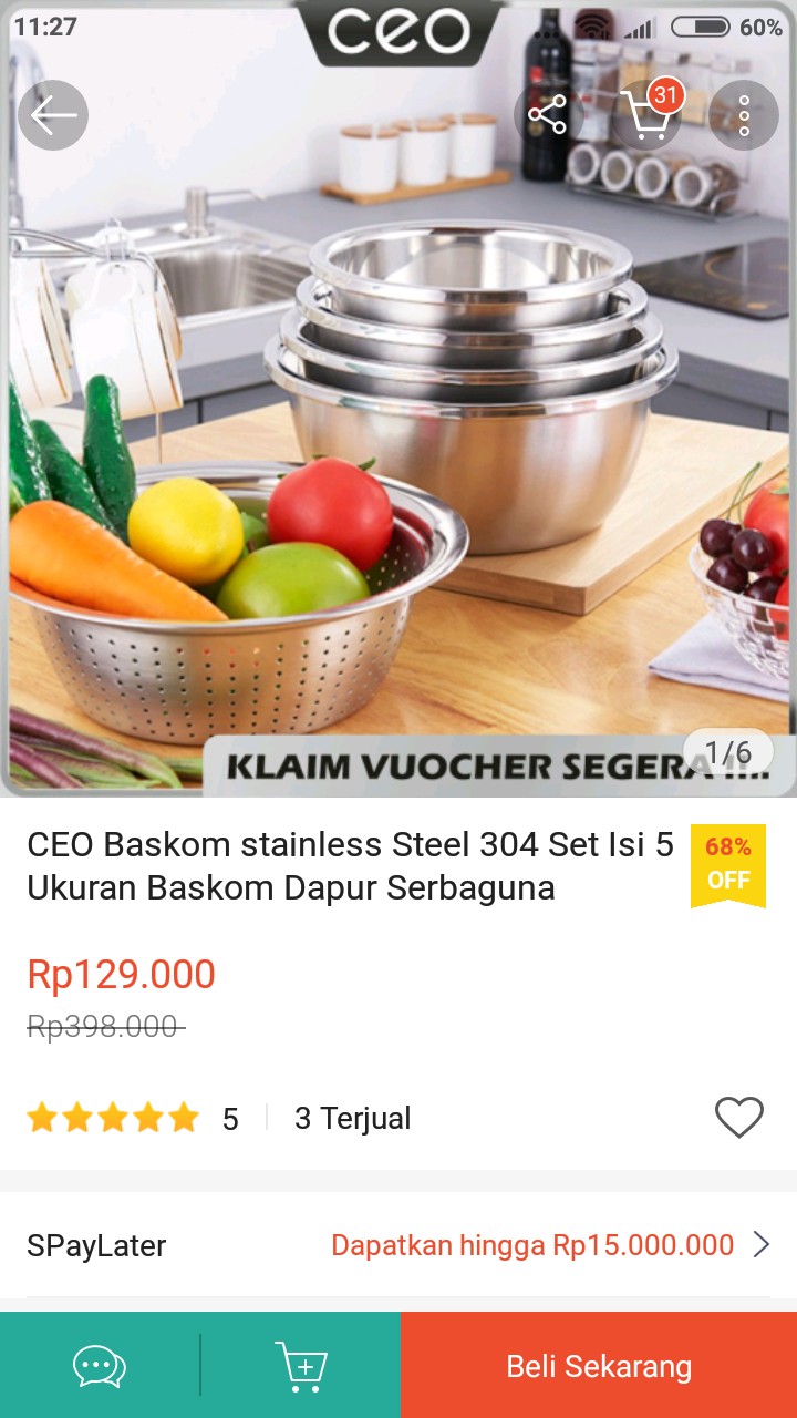 Ceo Baskom Stainless Steel 304 Set Isi 5 Ukuran Baskom Dapur Serbaguna