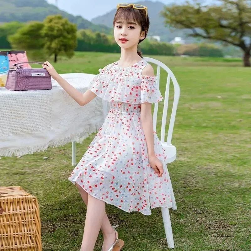 Girls Chiffon Dress summer dress 2021 new Korean version net red foreign style big girls broken flow