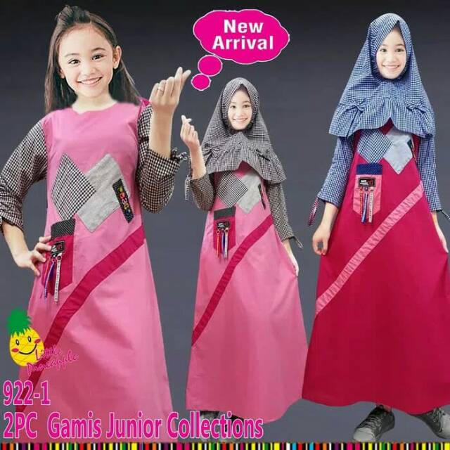 (7-12th) Baju Muslim Anak Perempuan LP Gamis Pink Katun Tambal kotak