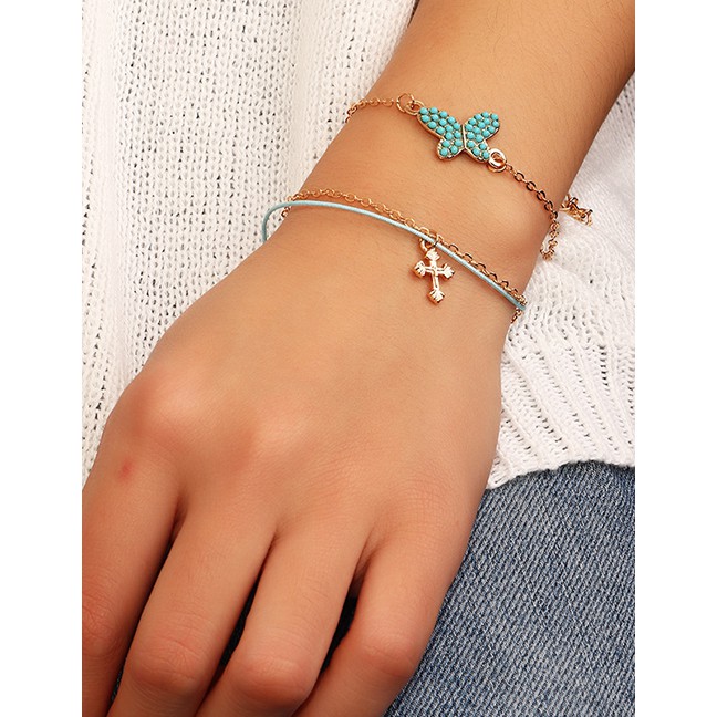 LRC Gelang Tangan Fashion Gold Butterfly Cross Bracelet Set D57241