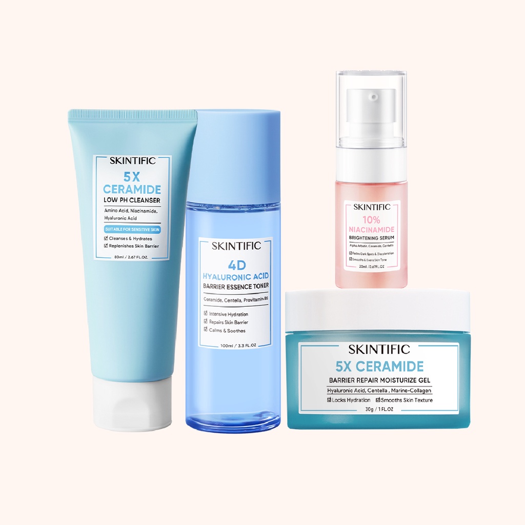 【Skintific Outlet Official】SKINTIFIC 5X Ceramide Low PH Gentle Cleanser &amp; 4D Hyaluronic Acid Barrier Essence Toner &amp; Niacinamide Brightening Serum &amp; 5X Ceramide Barrier  Moisture Gel (Pembersih+Toner Pelembab+Serum Mencerahkan+Pelembab Wajah)【BPOM】