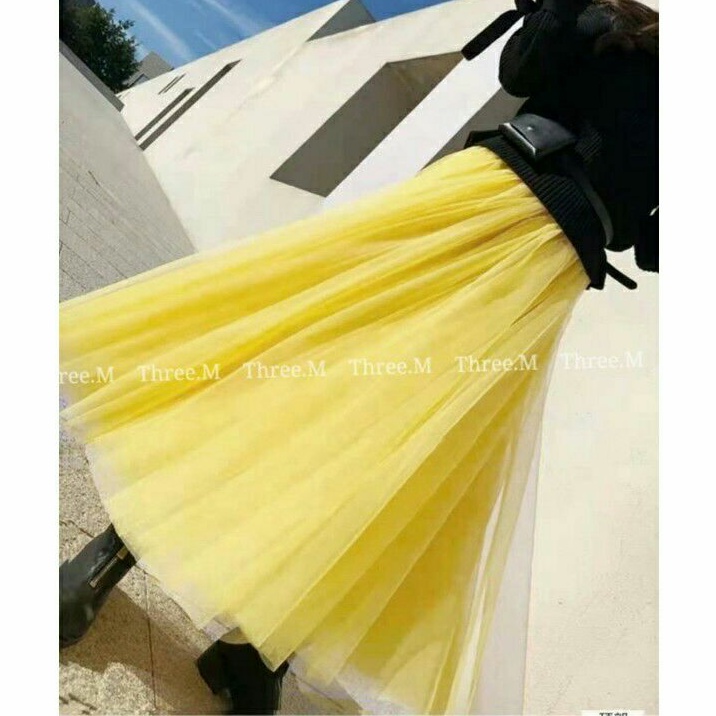 9811 Rok tutu tile halus layer maxi skirt yellow kuning wanita import rok tutu panjang pesta kondang