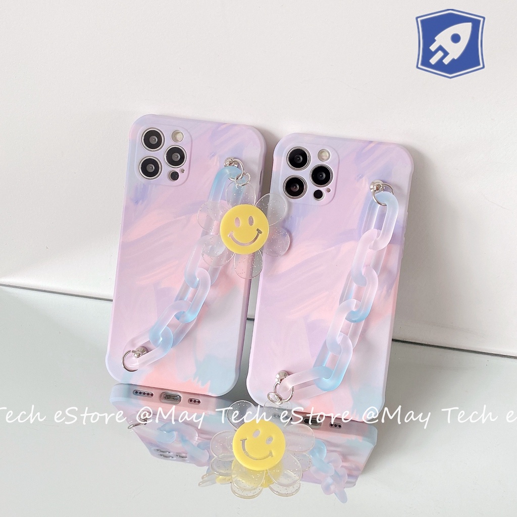 Casing iPhone Soft Watercolor dengan Hand Grip Rantai Pink Biru Smiley Flower iPhone X XS XR XSMAX 11 12 13 PRO PROMAX