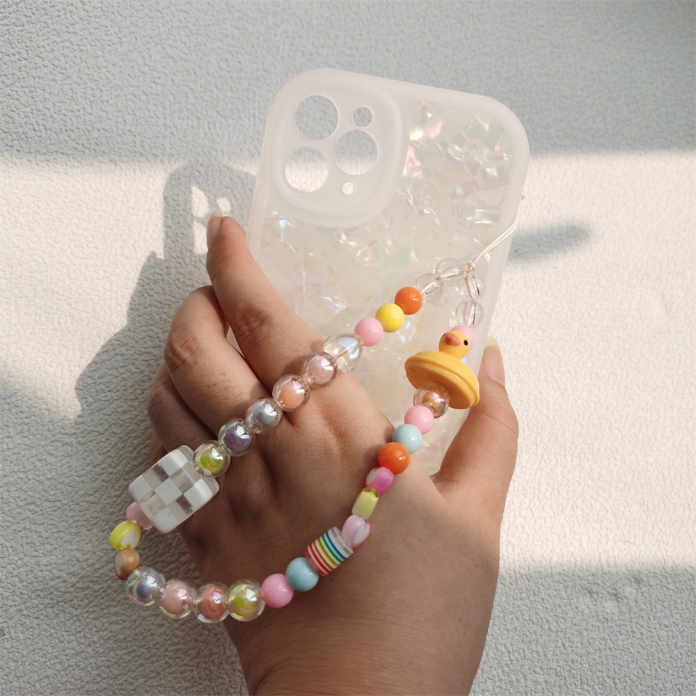 Tali Lanyard Rantai Manik-Manik Mutiara Akrilik Warna-Warni Anti Hilang Bentuk Bebek Kuning Untuk Case Hp