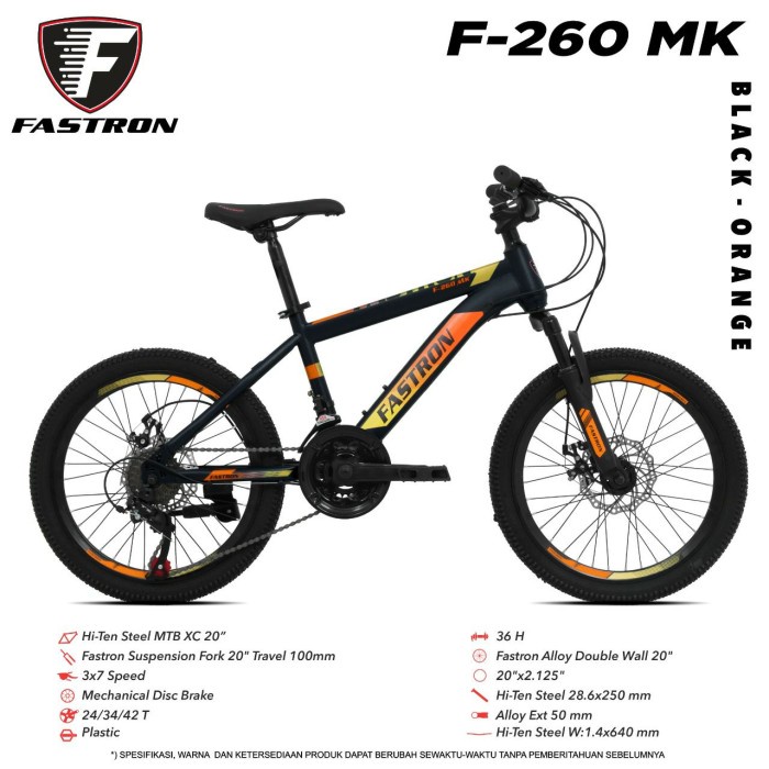 Sepeda Gunung 20 Inch MTB FASTRON F 260 MK 3x7 - Black Orange