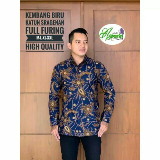 Kembang Biru Kemeja Batik Pria Full Furing Katun Primisima Batik Solo Batik Pria Warna Navy