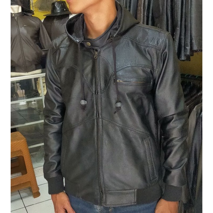jaket kulit asli model bomber +kupluk