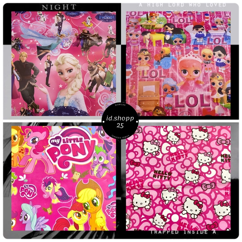 

KERTAS KADO GLOSSY FROZEN UNICORN PRINCESS HELLO KITTY LITTLE PONY LOL