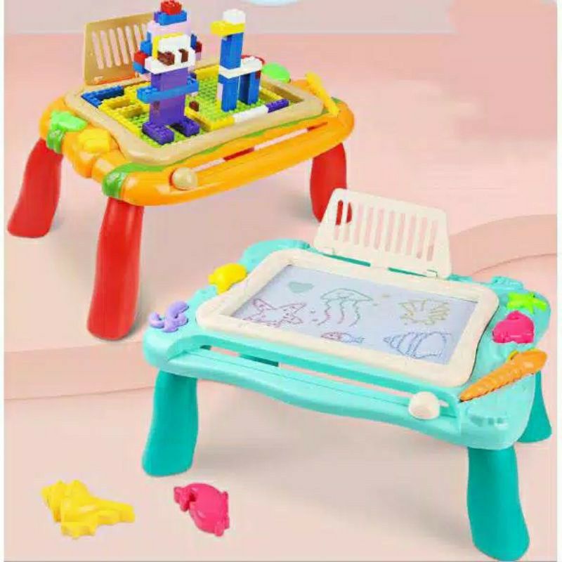 Mainan edukasi anak meja palette 2 in 1 dengan ada papan tulis magnet dan bisa memasang lego