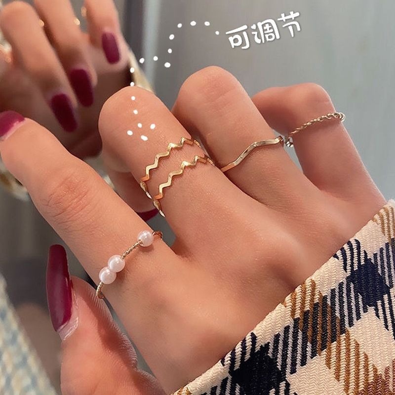 [F4] Cincin NADINE MUTIARA 5 Set Fashion (Set ring) Korean version of simple personality wild geometric pearl ring 5pcs / Set Cincin Gelang Mutiara Gaya Korea Minimalis Elegan