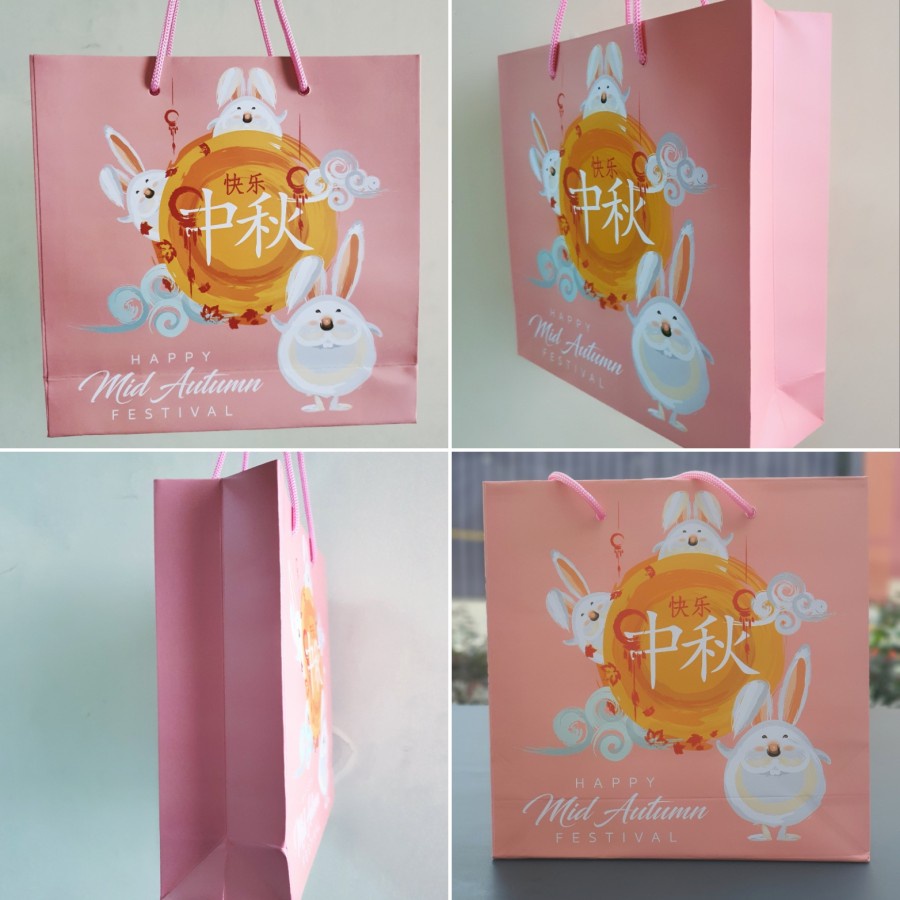 (10 pcs)paperbag motif pink ranbbit goodie bag kue bulan tas kertas kemasan packaging hampers mooncake mid autumn festival ukuran 22x22x7cm