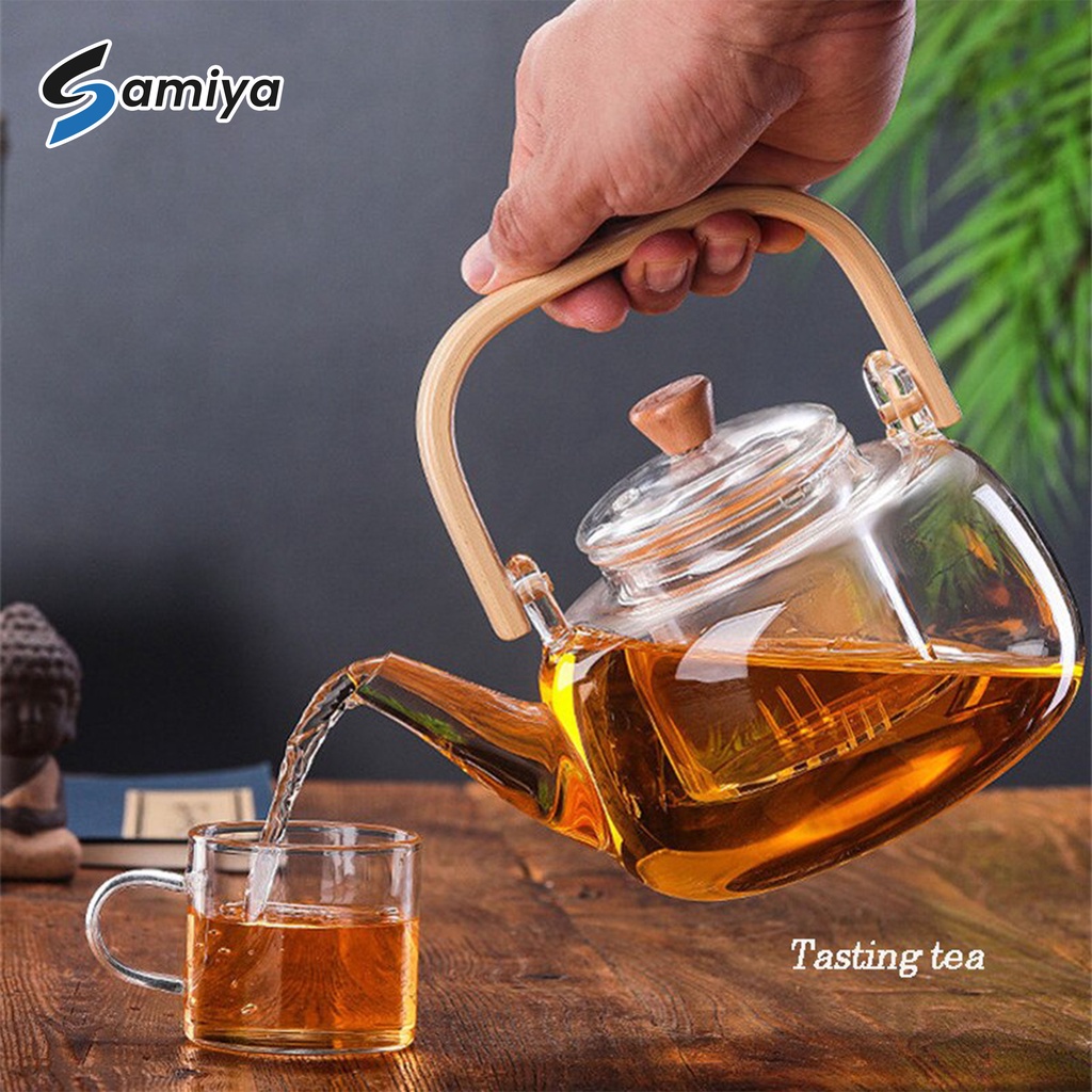 teapot glass bamboo handle heat resistant / teko teh ceret kaca gagang bambu tahan panas dingin