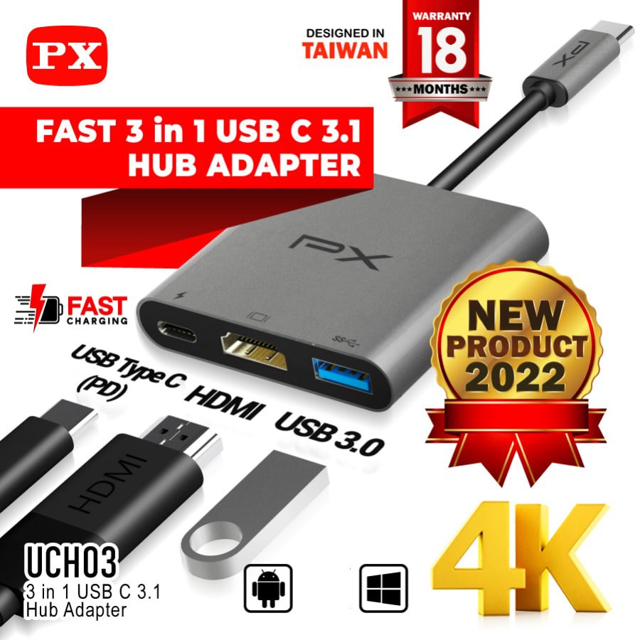 PX UCH03 USB Hub Type C 3.1 to USB Converter Laptop 3 in 1