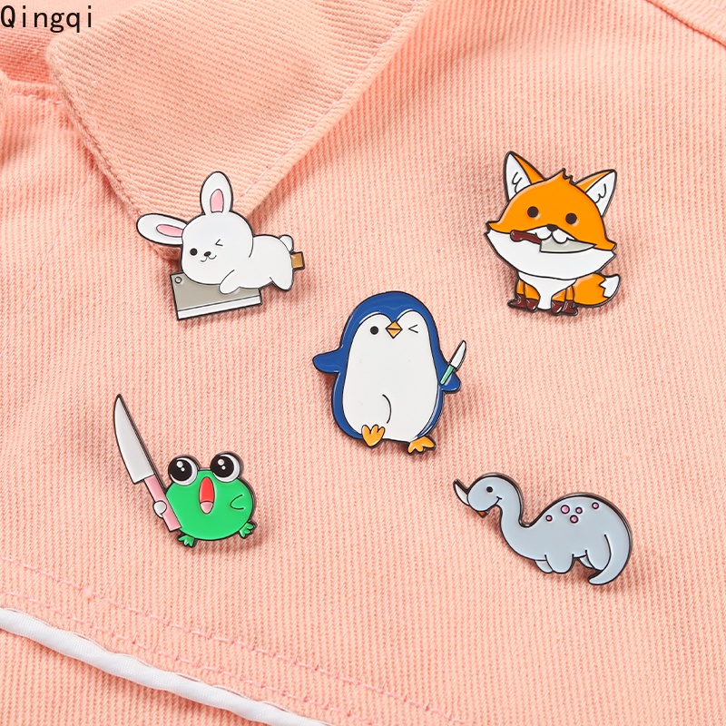 Bros Pin Enamel Desain Kartun Hewan Kelinci Penguin Katak Rubah Untuk Hadiah Anak