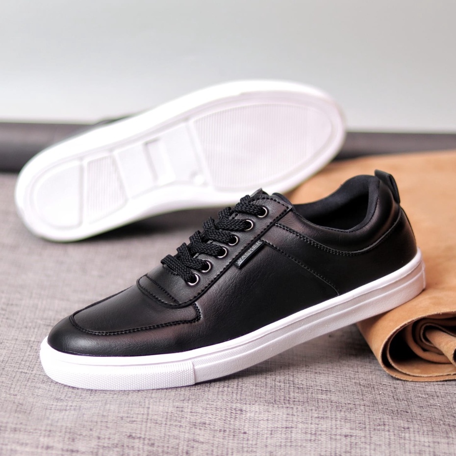 TIAGOW Sneakers Kasual Pria Hitam Kulit Sintetik Sepatu Kerja Kantor Kuliah Simple Murah Anti Slip