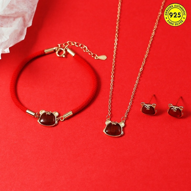 Set Kalung Dan Anting Stud Desain Zodiak Harimau Untuk Wanita