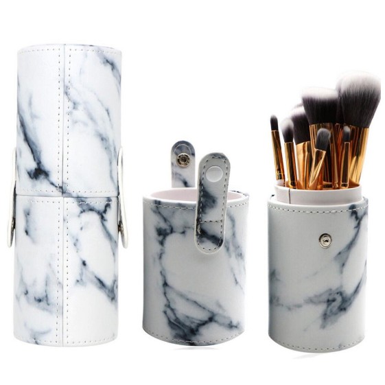 Set Kuas Makeup Makeup Marble 10 pcs Marmer dengan Tas Bundar Marble Brush