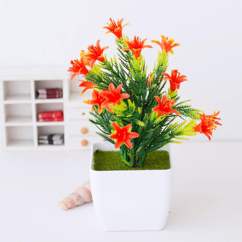AM816 Bunga Plastik / Pajangan Bunga Artificial / Vas Kecil Segi4-Orange