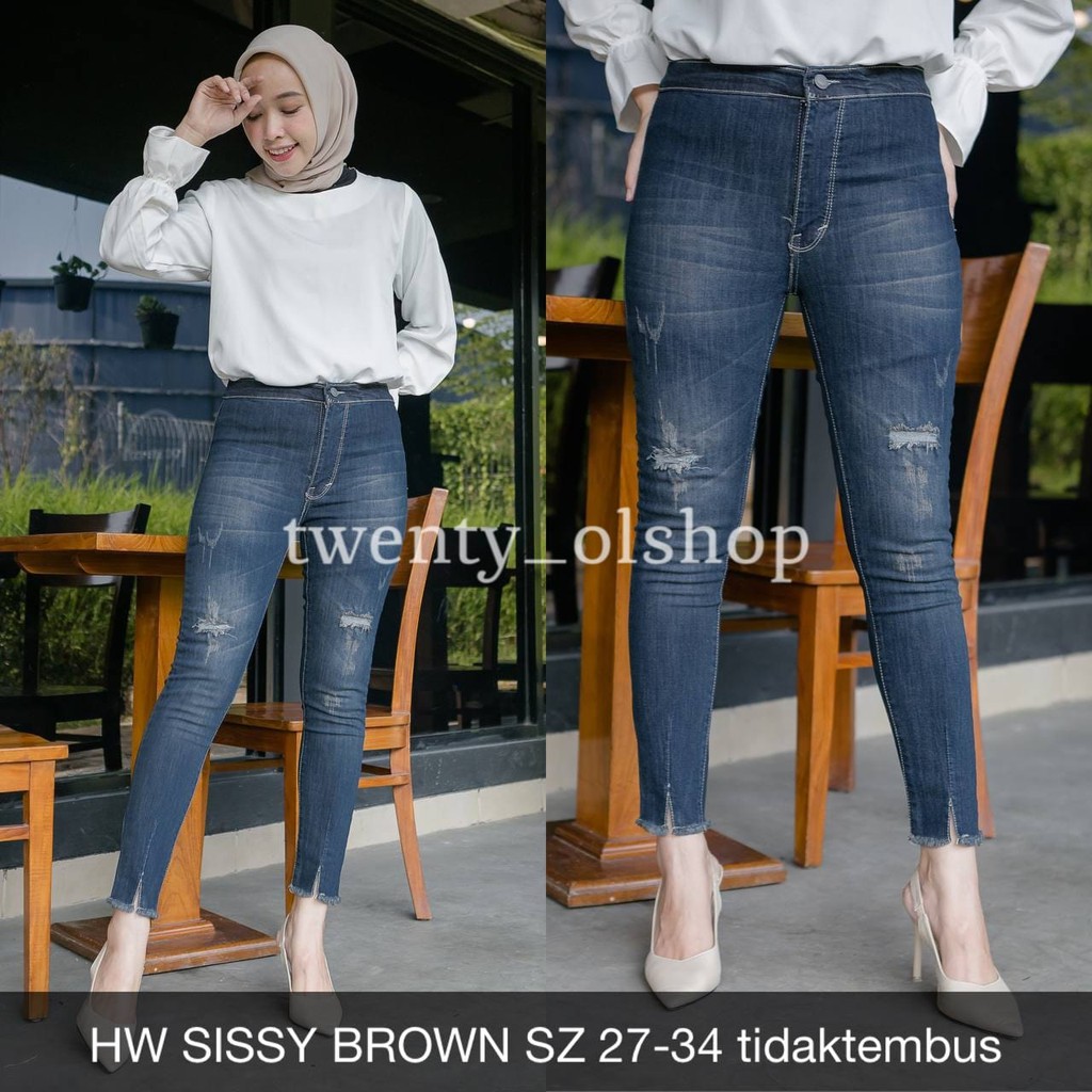 celana jeans wanita HW SISSY BROWN RIPPED -twenty olshop
