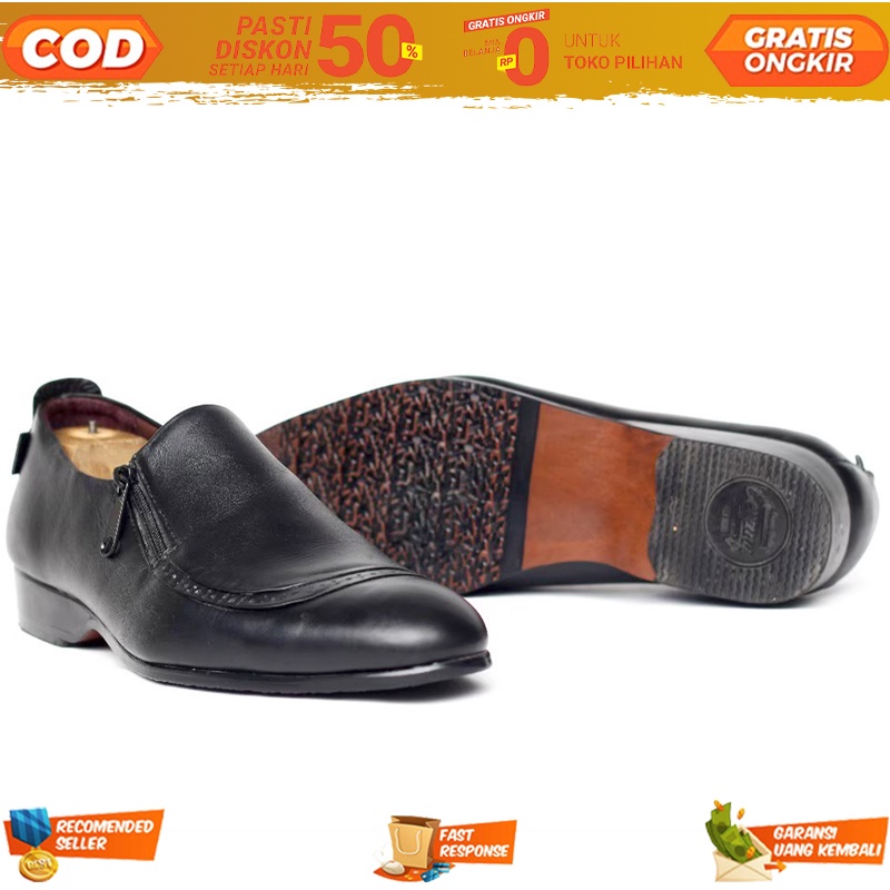 Sepatu Pria Pull Kulit Asli Zipper Terbaru Pantofel Formal Kantor Pakaian Dinas Harian - Sepatu Casu