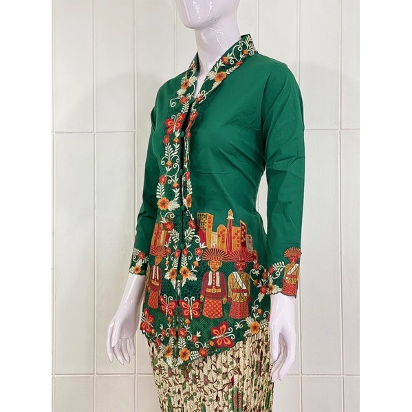 OSW03 - Daliyu KEBAYA ONDEL BETAWI ENCIM KARTINI LENGAN PANJANG BORDIR Katun Stretch / M L XL XXL-Hijau Botol