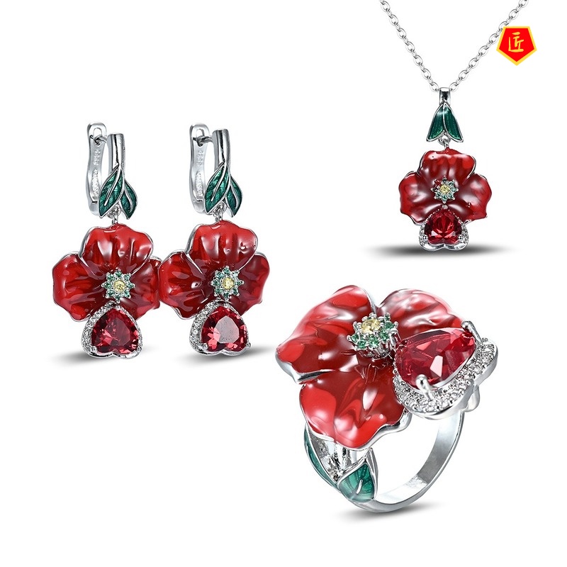 [Ready Stock]Exaggerated Rose Ruby Heart-Shaped Ring Enamel Earrings Necklace Set