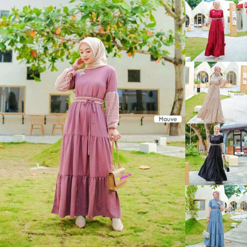 Nadira Gamis Wanita Turkey Shakila Premium Dress Lengan Panjang Brukat Malika Abaya Muslim Rempel Kombinasi Obi Baju Muslim Kekinian