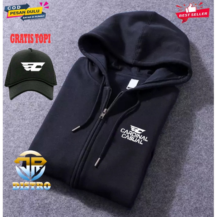 GRATIS TOPI... Jaket Hoodie Resleting Cardinal Casual Text Putih Premium Quality Jaket Pria Wanita D