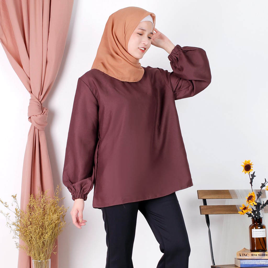 Linata Fashion | Kalina Blouse Lengan Balon Moscrepe Import-Cokelat Milo
