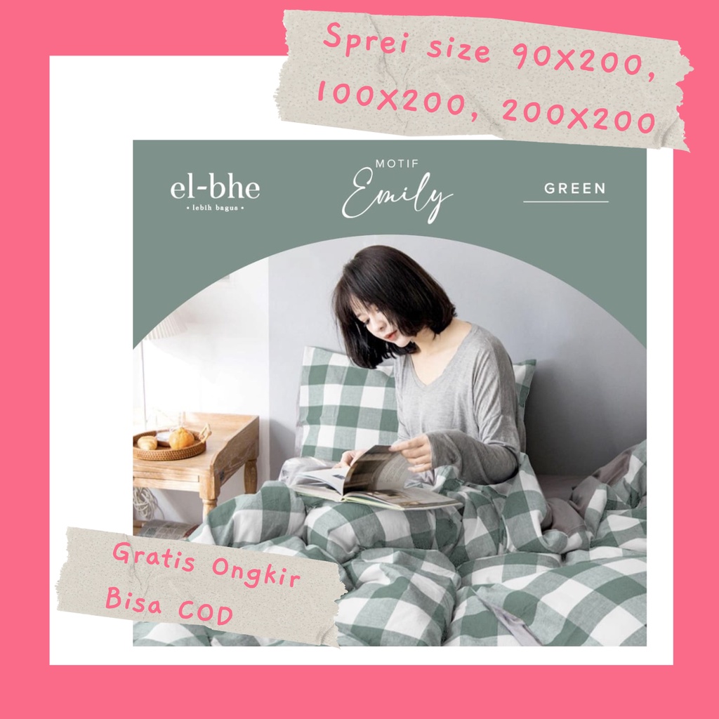 sprei set bahan katun el-bhe motif emily khaki kotak 8cm size kasur single tanpa bedcover