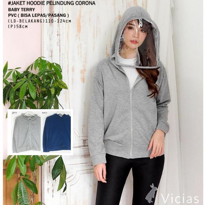 Produk Terbaru Jaket Hoodie Unisex Anti Corona + Pvc Shield Visor Apd Pelindung Muka - Biru