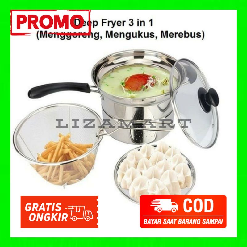 Panci 3 in 1 Kukus Rebus Goreng Panci Penggoreng Kentang Panci Set
