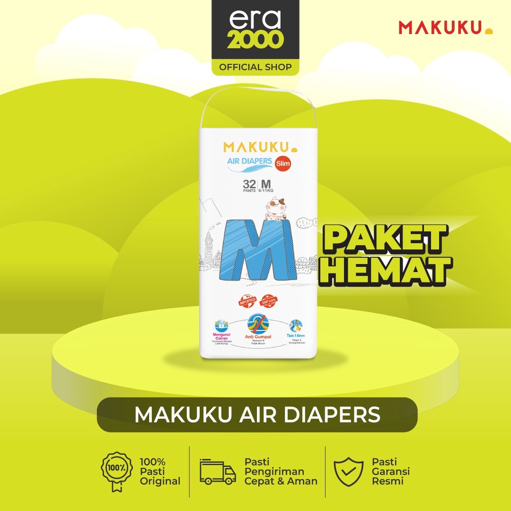 Era 2000 [4 & 6 Pack] MAKUKU SAP Diapers Slim Pants M32 Popok Bayi Popok Tipis