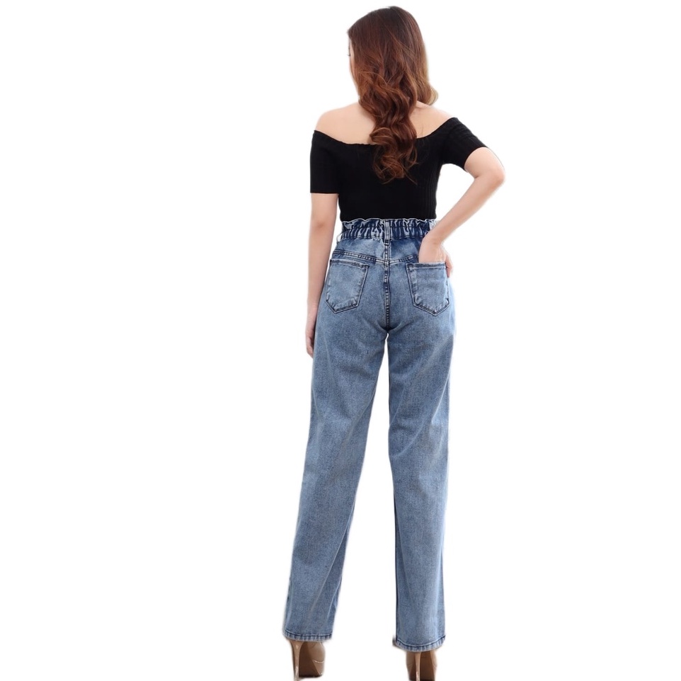 FWR - Highwaist Loose Jeans Pinggang Karet Korean Style