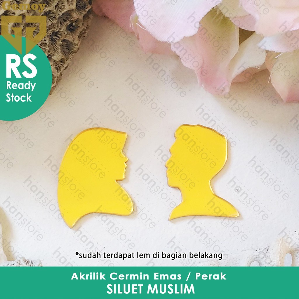 RS 3,3 cm Siluet Couple Muslim Mini Akrilik Cermin Emas/Perak Dekorasi / Mahar / Seserahan