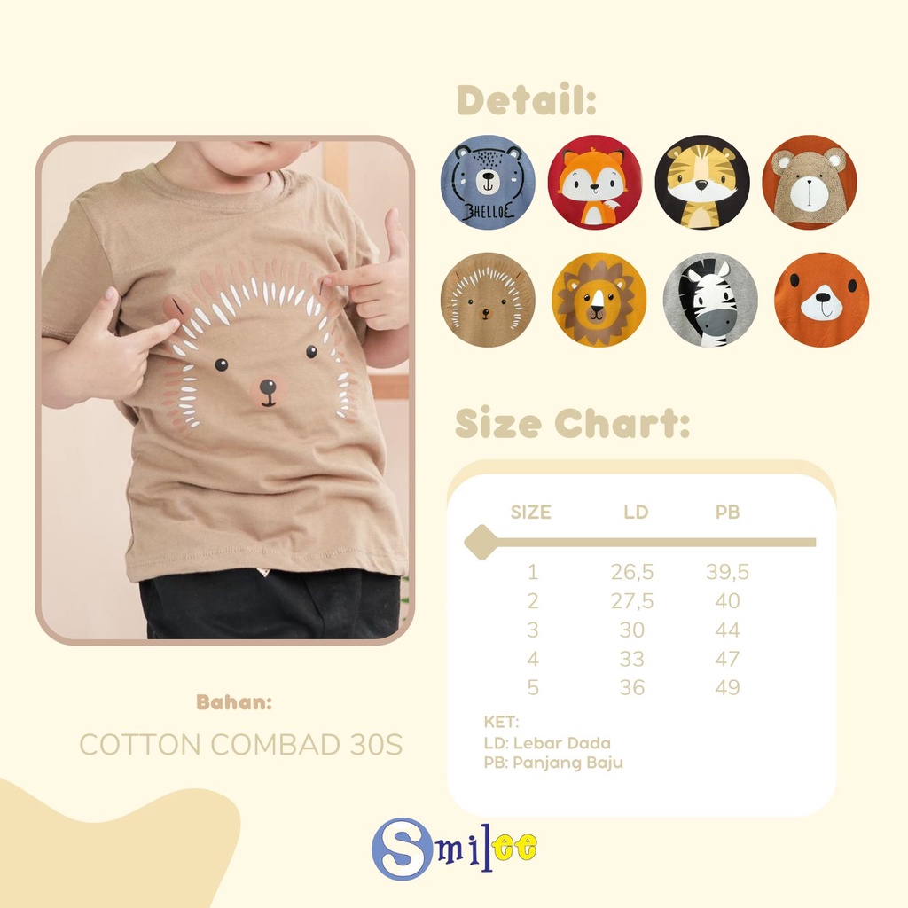 Kaos Anak Cowok Smilee Murah Animal Merah Bata Dog Size 1-5Thn