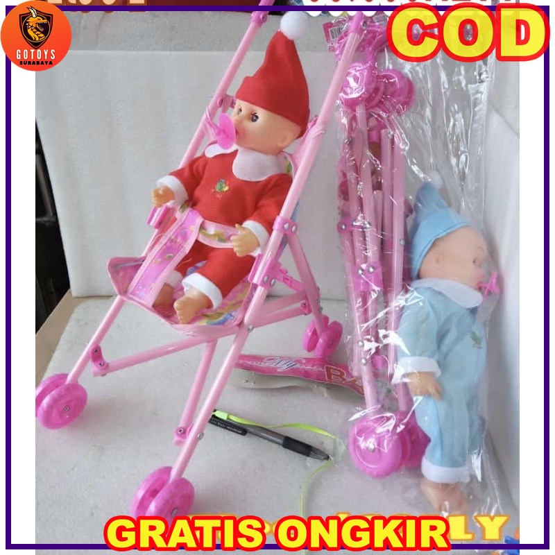 Mainan Baby Stroller Kereta Dorong Boneka Bayi Yang Bisa Nangis Ftm62