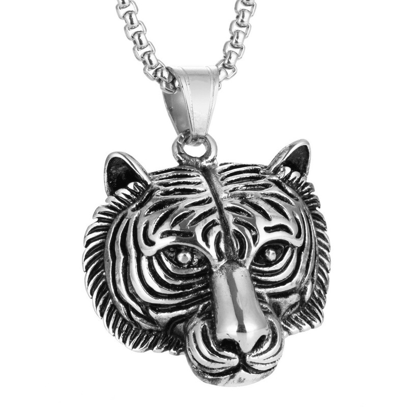 Kalung Liontin Kepala Harimau Bahan Stainless Steel Gaya Retro Eropa Amerika