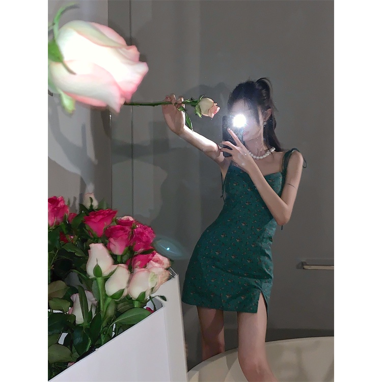 Suhao Floral Suspender Dress Wanita Musim Panas 2022 Baru Versi Korea Tea Break Temperamen Slim Fit