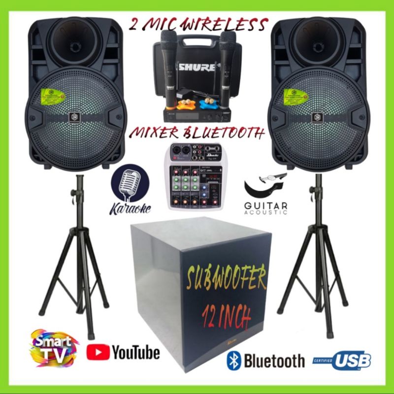 Karaoke Mixer 2 Mic Wireless 2 Speaker 3R Aktif 8 Inch Subwoofer 12 Inch