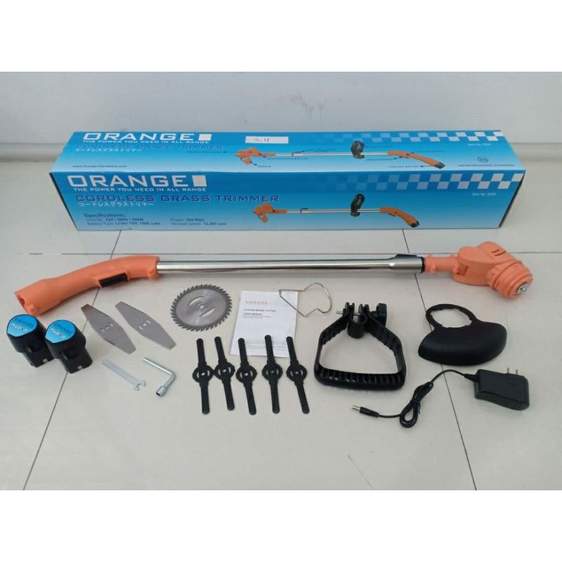 MESIN POTONG RUMPUT BATRE CORDLESS GRASS TRIMMER ORANGE TANPA KABEL 12 V