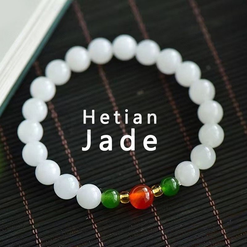 Gelang Manik-Manik Giok Hetian Natural Bentuk Bulat Ukuran 8mm Untuk Wanita