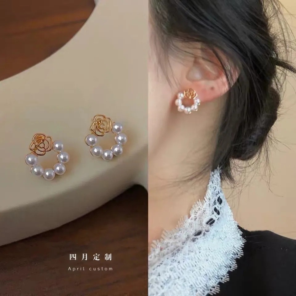 Elegan mutiara mawar stud anting-anting untuk wanita sederhana dan kompak all-match anting-anting te