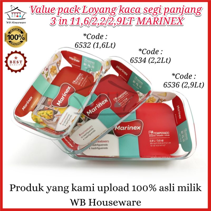 loyang kaca segi set isi 3 / prasmanan kaca tahan panas / Value pack 3in1 MARINEX 1,6/2,2/2,9Liter